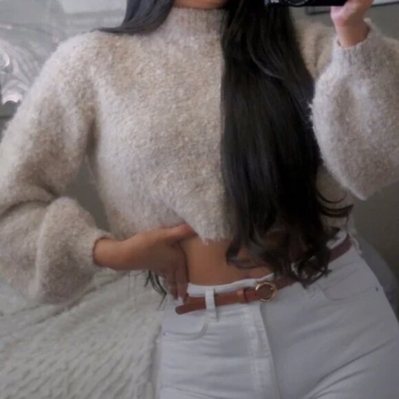 Glassons Brown Turtleneck Balloon Sleeve Cropped Sweater Pullover Top - Picture 8 of 8